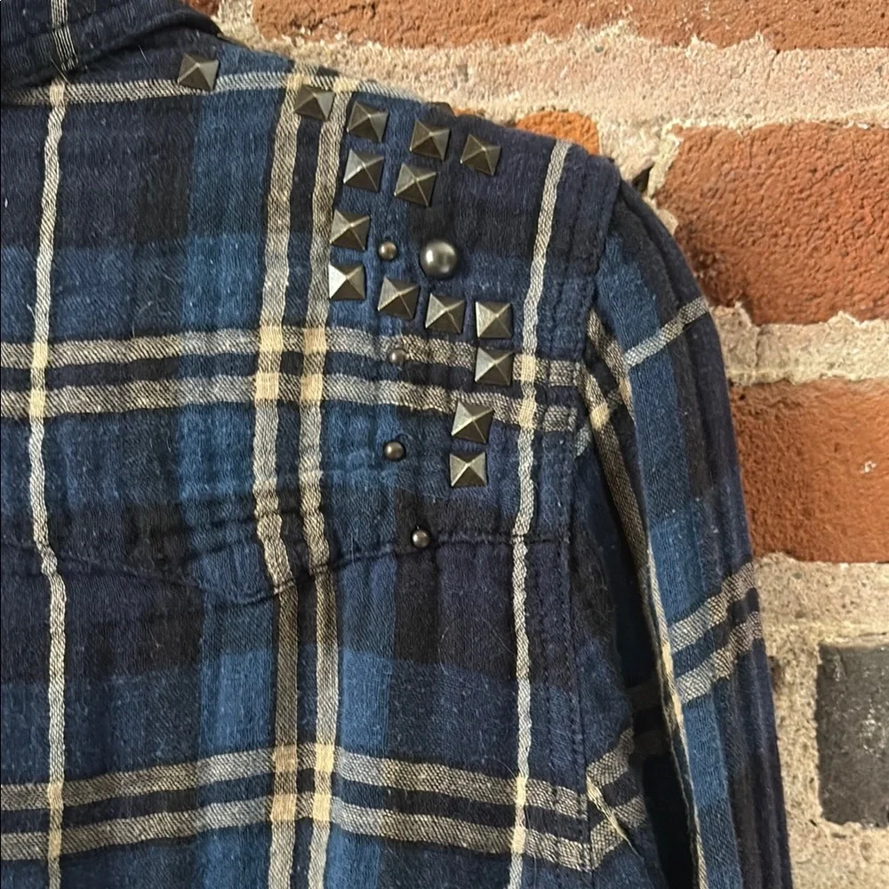 Free People Blue, Tan, White Embellished Button Down Plaid Shirt - Picture 8 of 8